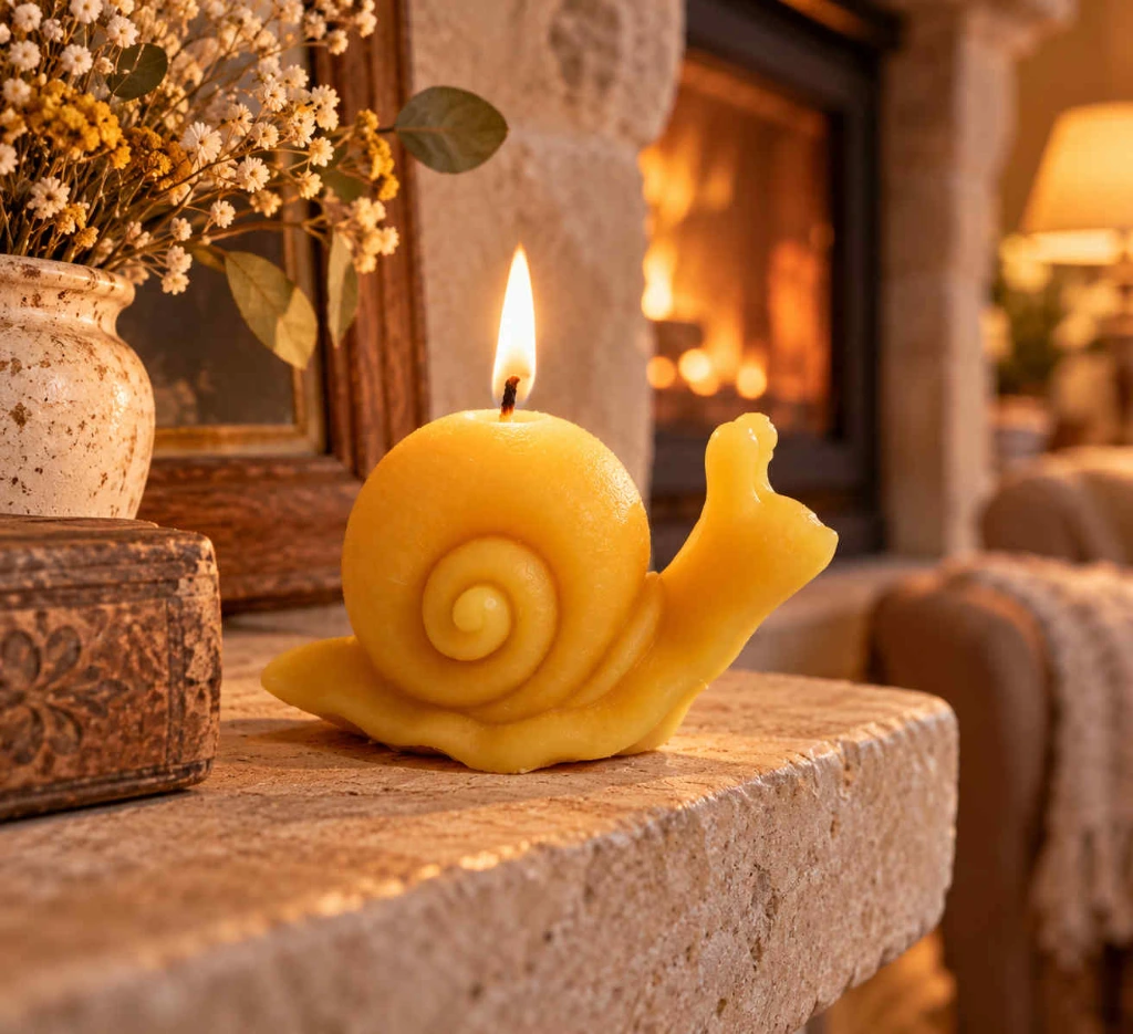 Bougie escargot en cire  près du feu.webp